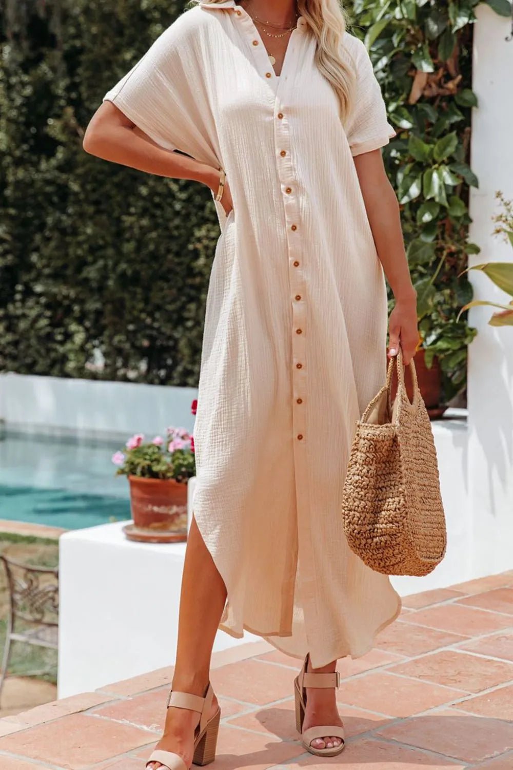 Button Down Short Sleeve Midi Shirt Dress - adritiX