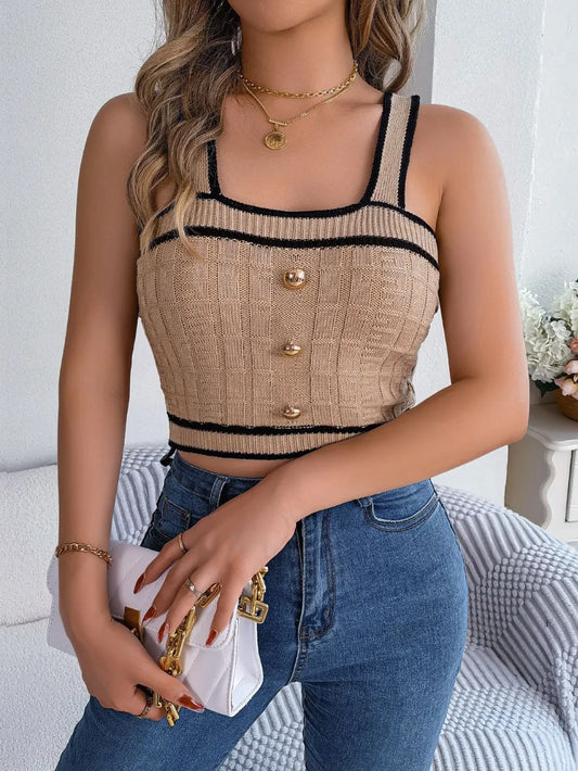 Decorative Button Wide Strap Knit Cami - adritiX