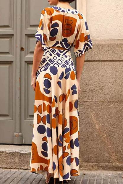 Geometric Print V-Neck Maxi Dress with Cutout Detail - adritiX