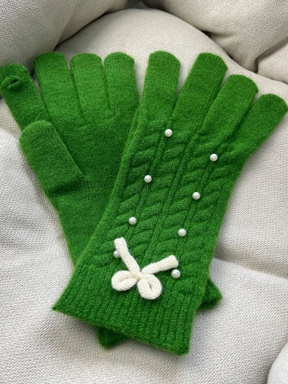 Thermal Pearl Detail Bow Five-Finger Gloves - adritiX