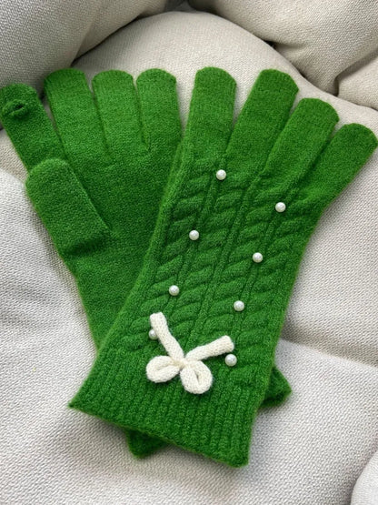 Thermal Pearl Detail Bow Five-Finger Gloves - adritiX