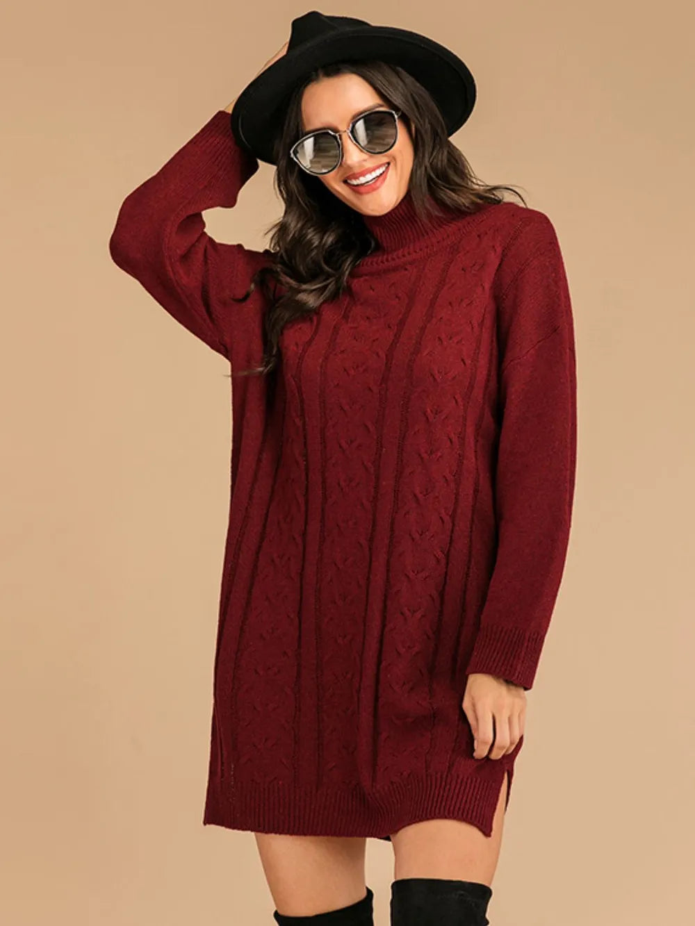 Perfee Slit Turtleneck Long Sleeve Mini Sweater Dress - adritiX