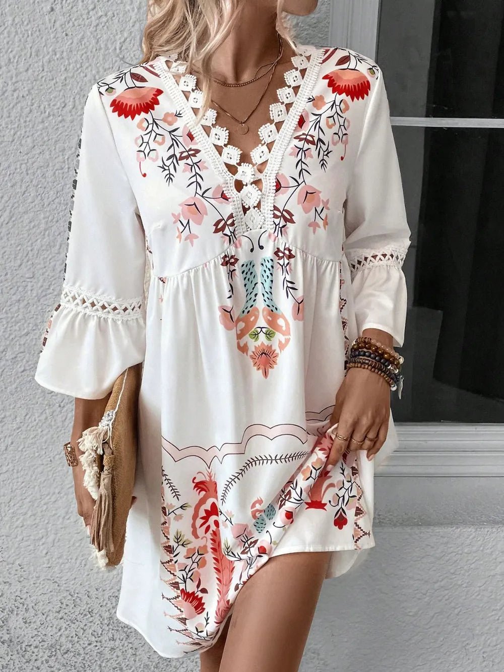 Lace Detail Printed Three-Quarter Sleeve Dress - adritiX