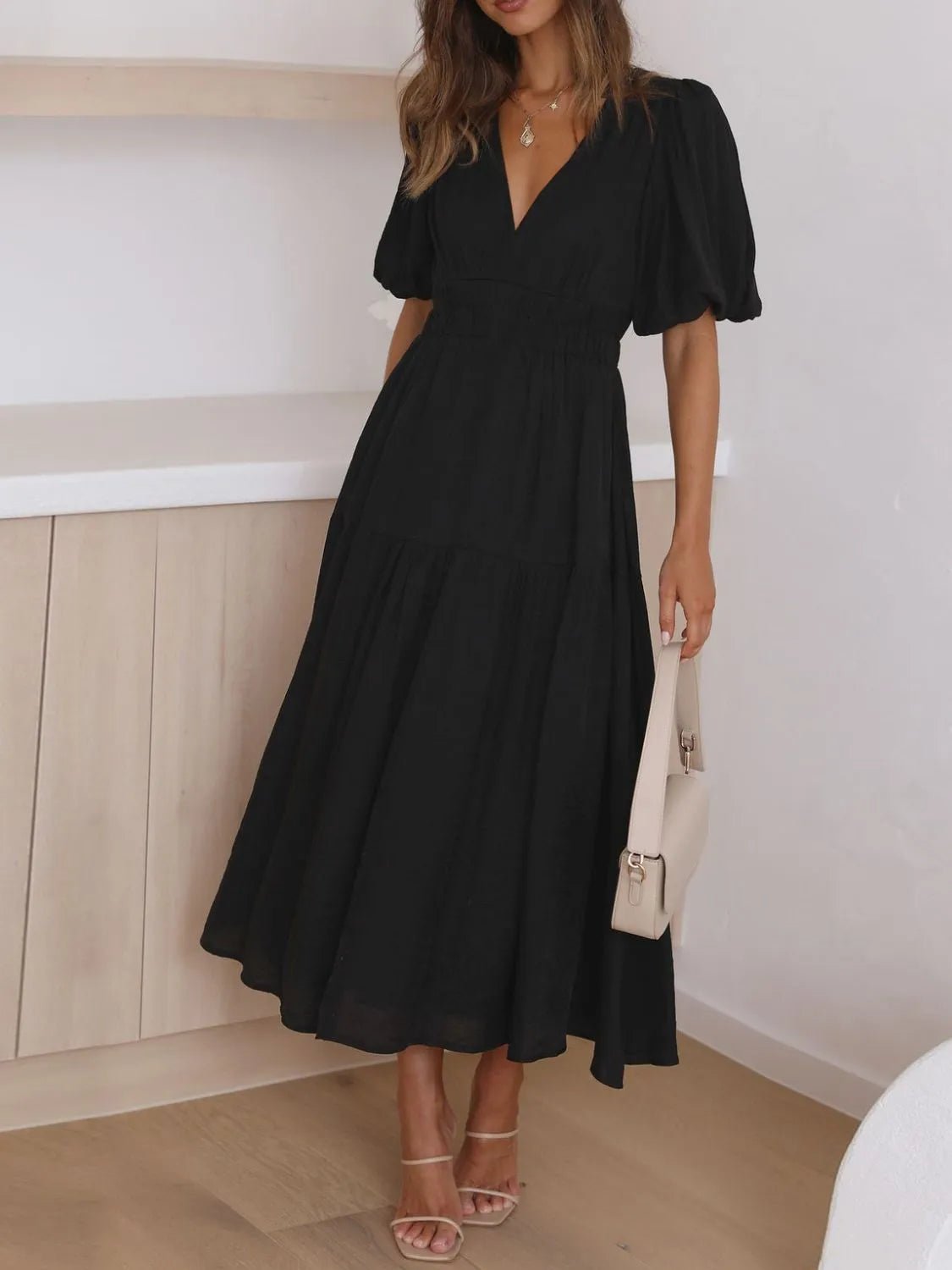 V-Neck Puff Sleeve Midi Dress - adritiX