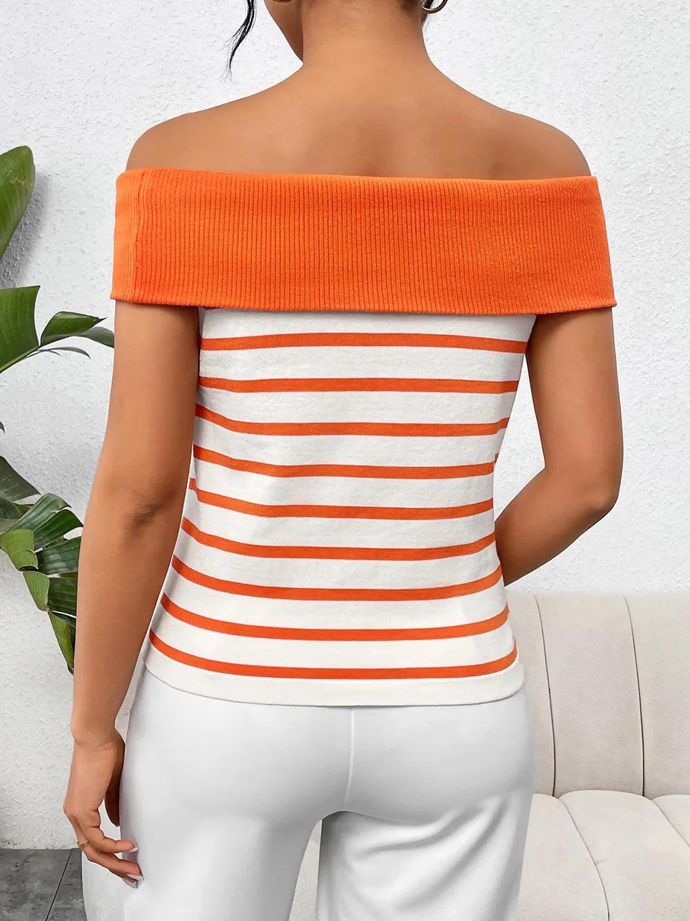 Decorative Button Striped Off-Shoulder Knit Top - adritiX