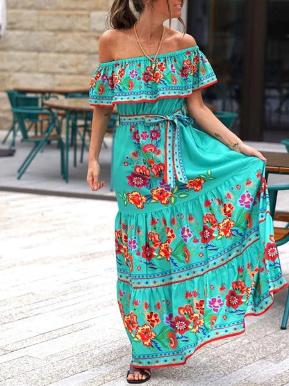 Floral Off Shoulder Ruffle Maxi Dress - adritiX