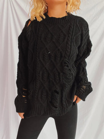 Distressed Cable-Knit Round Neck Long Sleeve Sweater - adritiX