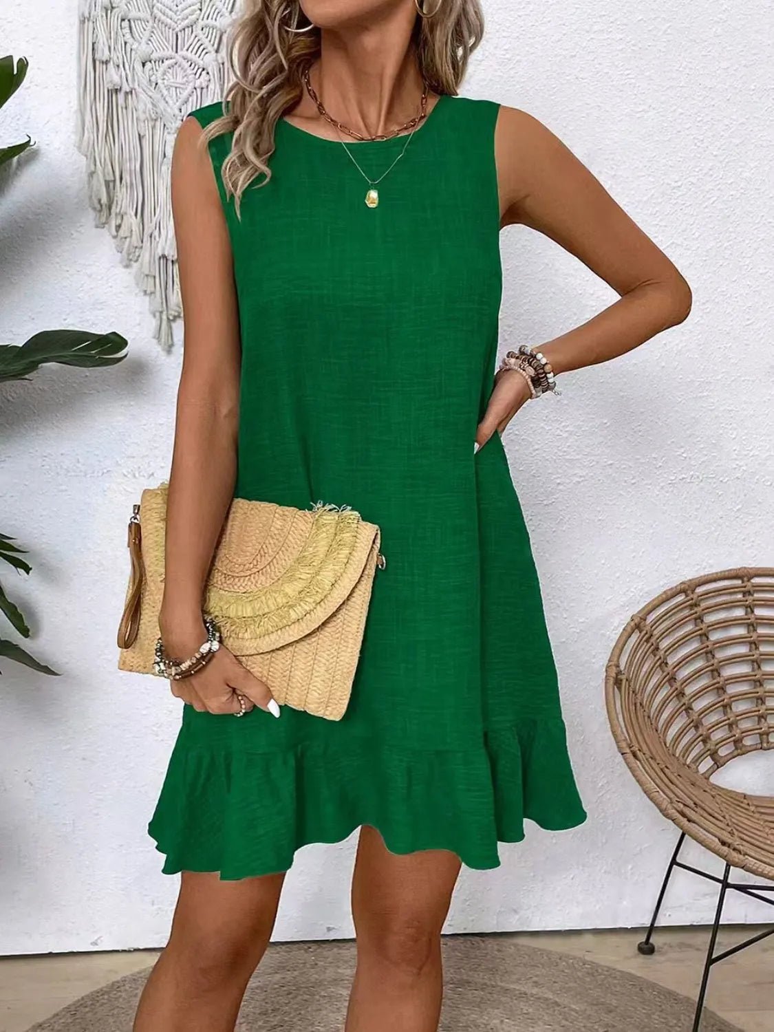 Ruffled Hem Round Neck Sleeveless Dress - adritiX