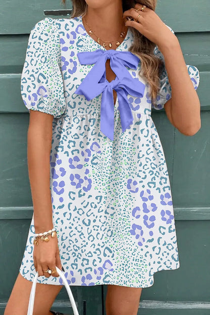 Elegant Leopard Print Bow Front Puff Sleeve Mini Dress - adritiX