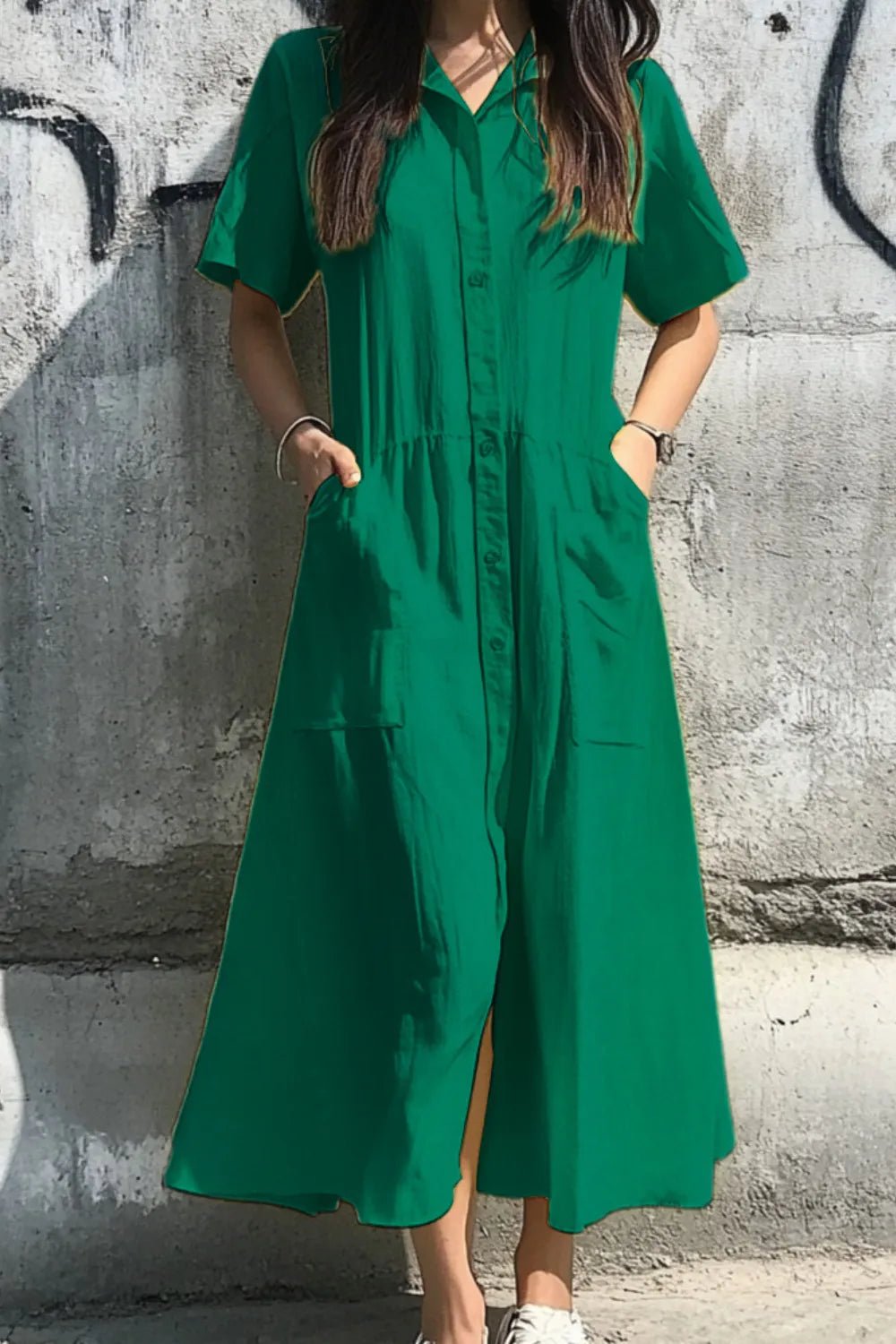 Button Front Short Sleeve Midi Dress - adritiX