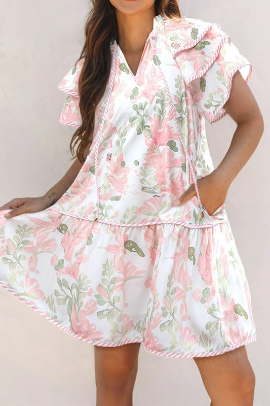 Floral Contrast Edge Layered Short Sleeve Mini Dress - adritiX
