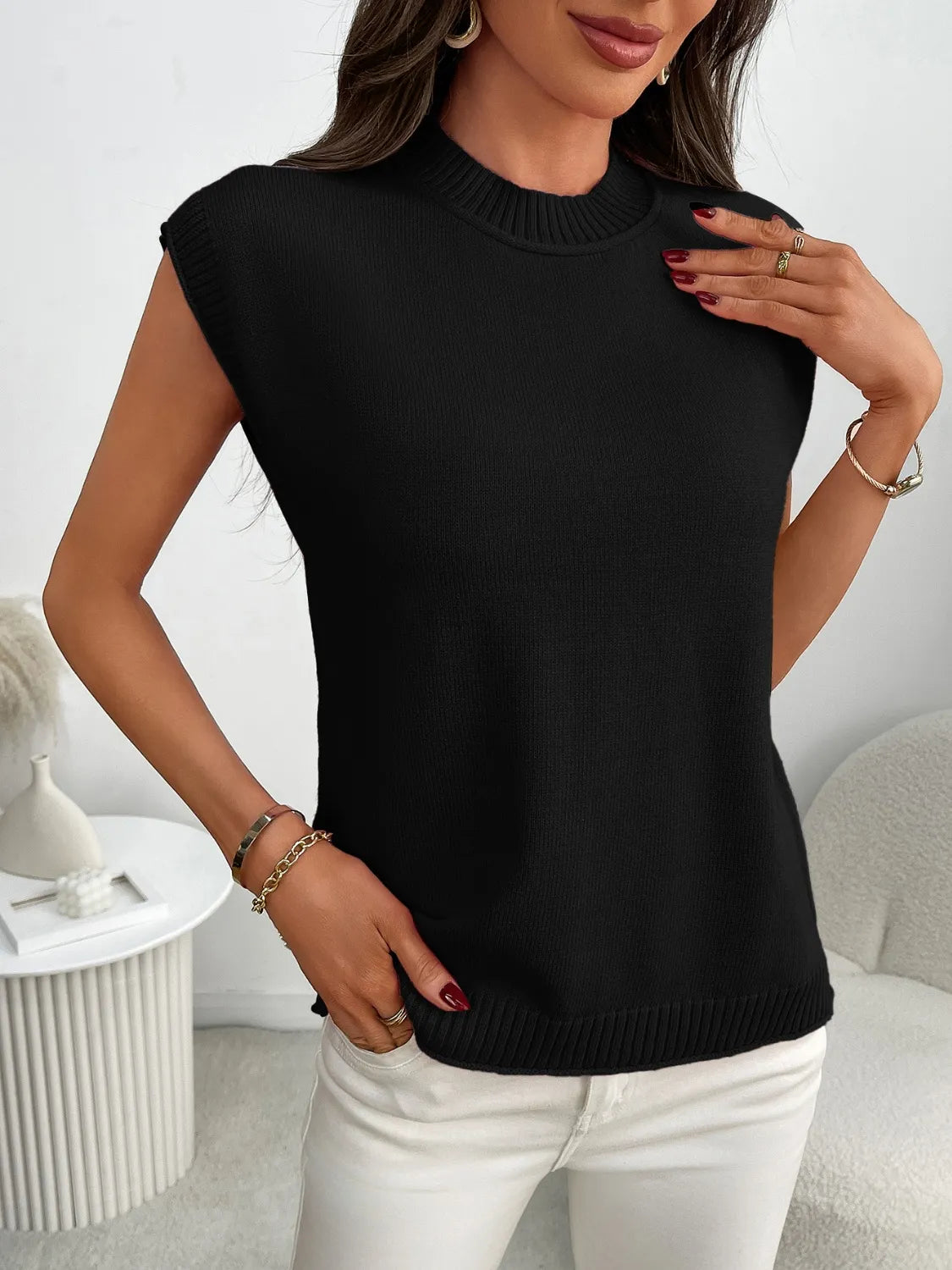 Mock Neck Cap Sleeve Knit Top - adritiX