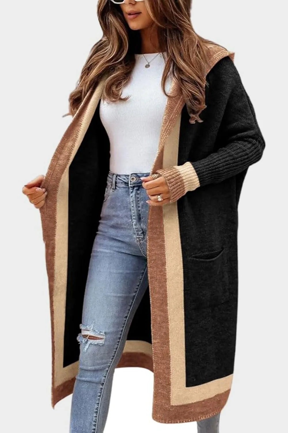 Pocketed Contrast Long Sleeve Hooded Cardigan - adritiX