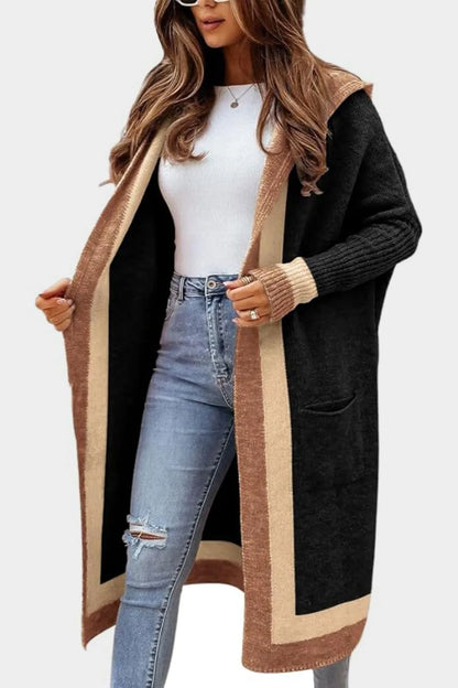 Pocketed Contrast Long Sleeve Hooded Cardigan - adritiX