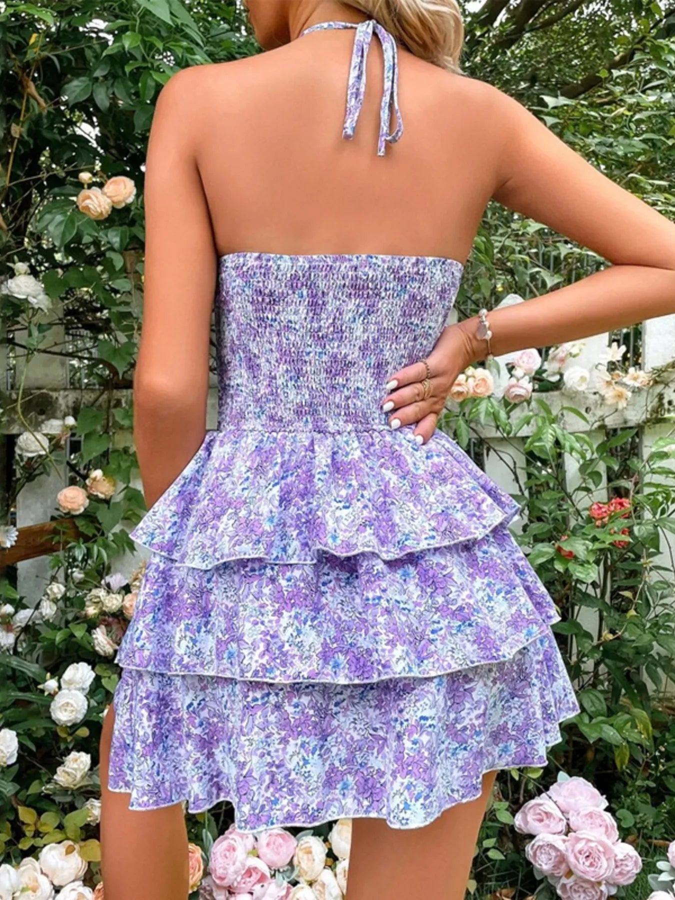 Floral Halter Cutout Ruffled Mini Dress - adritiX