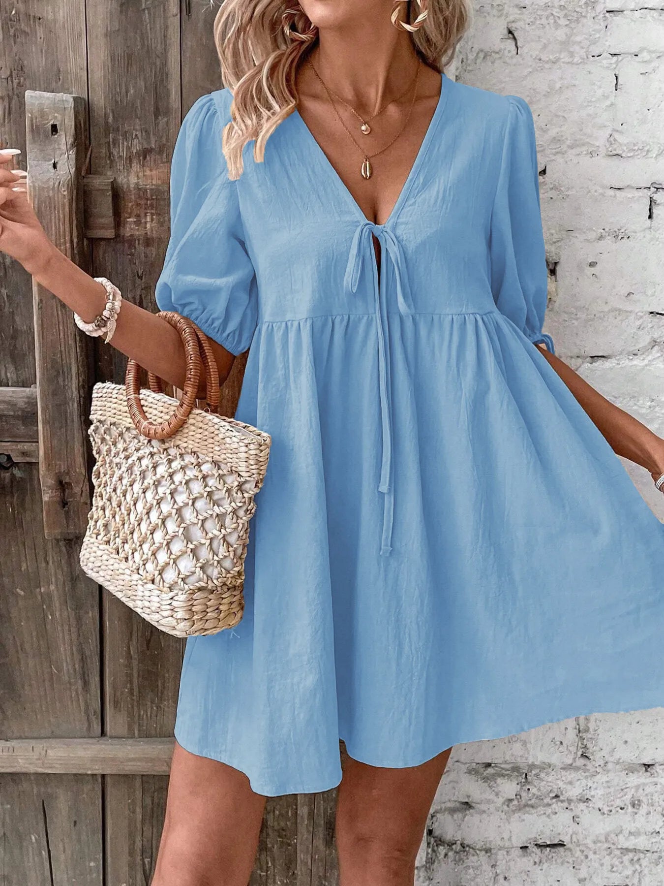 V-Neck Tie-Front Mini Dress with Puff Sleeves - adritiX