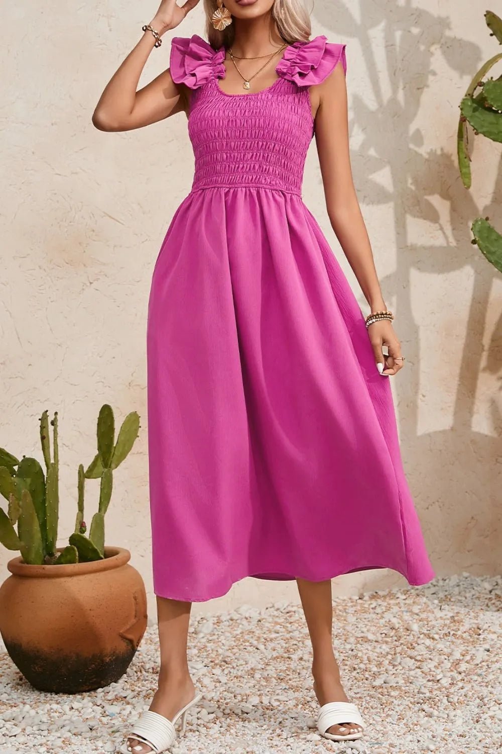 Solid Color Ruffled Straps Smocked Ruched Maxi Dress - adritiX