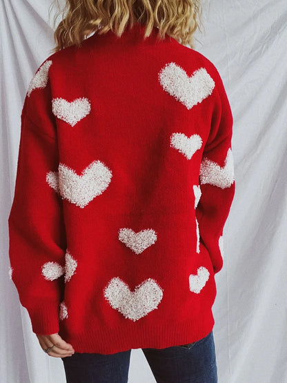 Heart Round Neck Dropped Shoulder Sweater - adritiX