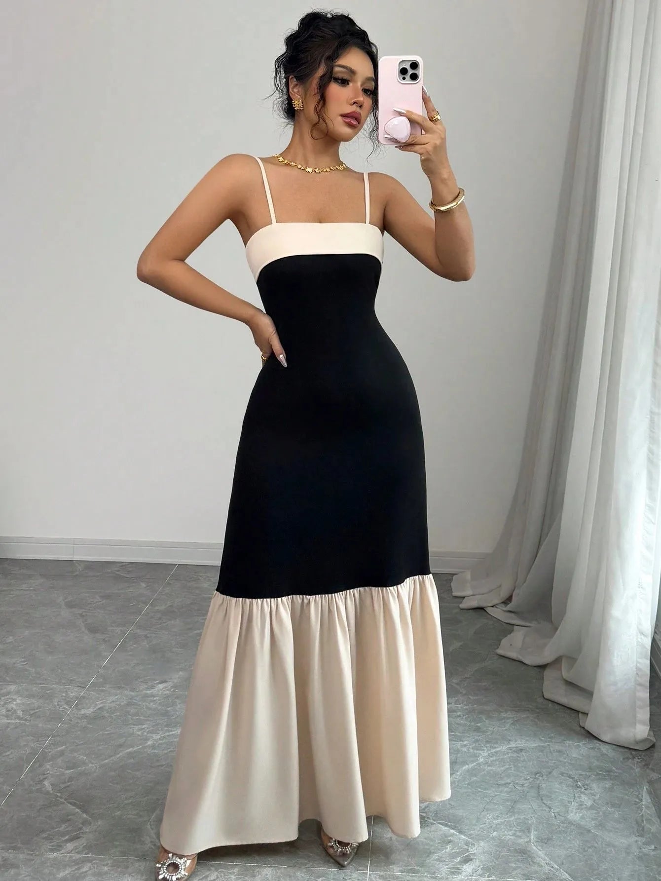Two-Tone Spaghetti Strap Maxi Dress - adritiX