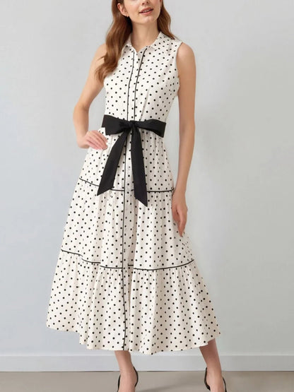 Polka Dot Sleeveless Midi Shirt Dress - adritiX