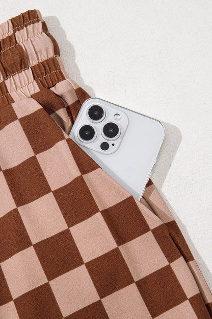 Checkered Elastic High Waist Loose Casual Pants - adritiX