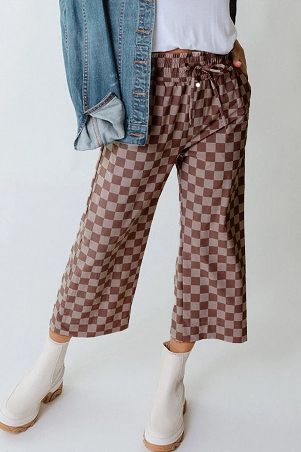 Checkered Elastic High Waist Loose Casual Pants - adritiX
