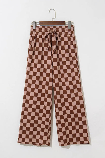 Checkered Elastic High Waist Loose Casual Pants - adritiX