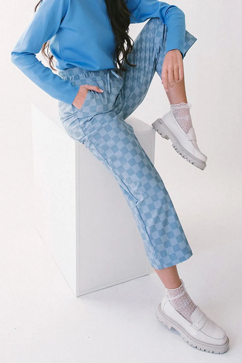 Checkered Elastic High Waist Loose Casual Pants - adritiX