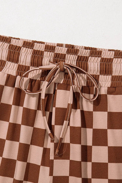 Checkered Elastic High Waist Loose Casual Pants - adritiX