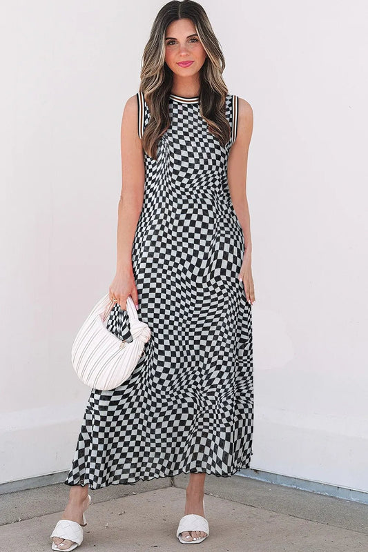 Checkered Round Neck Sleeveless Midi Dress - adritiX