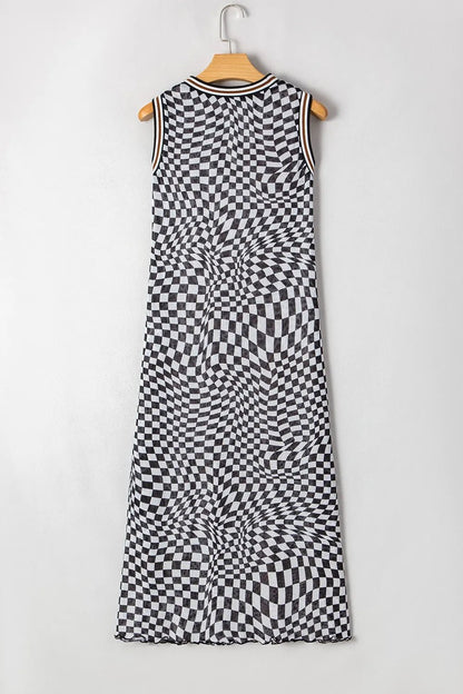 Checkered Round Neck Sleeveless Midi Dress - adritiX