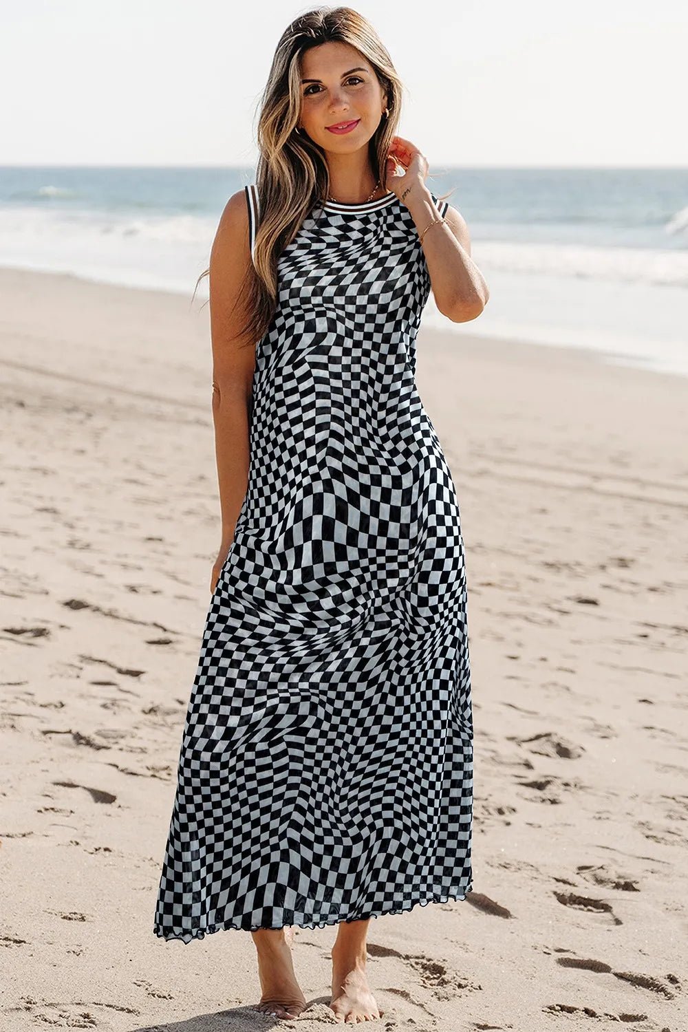 Checkered Round Neck Sleeveless Midi Dress - adritiX