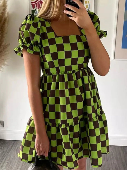 Checkered Short Sleeve Tiered Mini Dress - adritiX