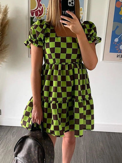 Checkered Short Sleeve Tiered Mini Dress - adritiX