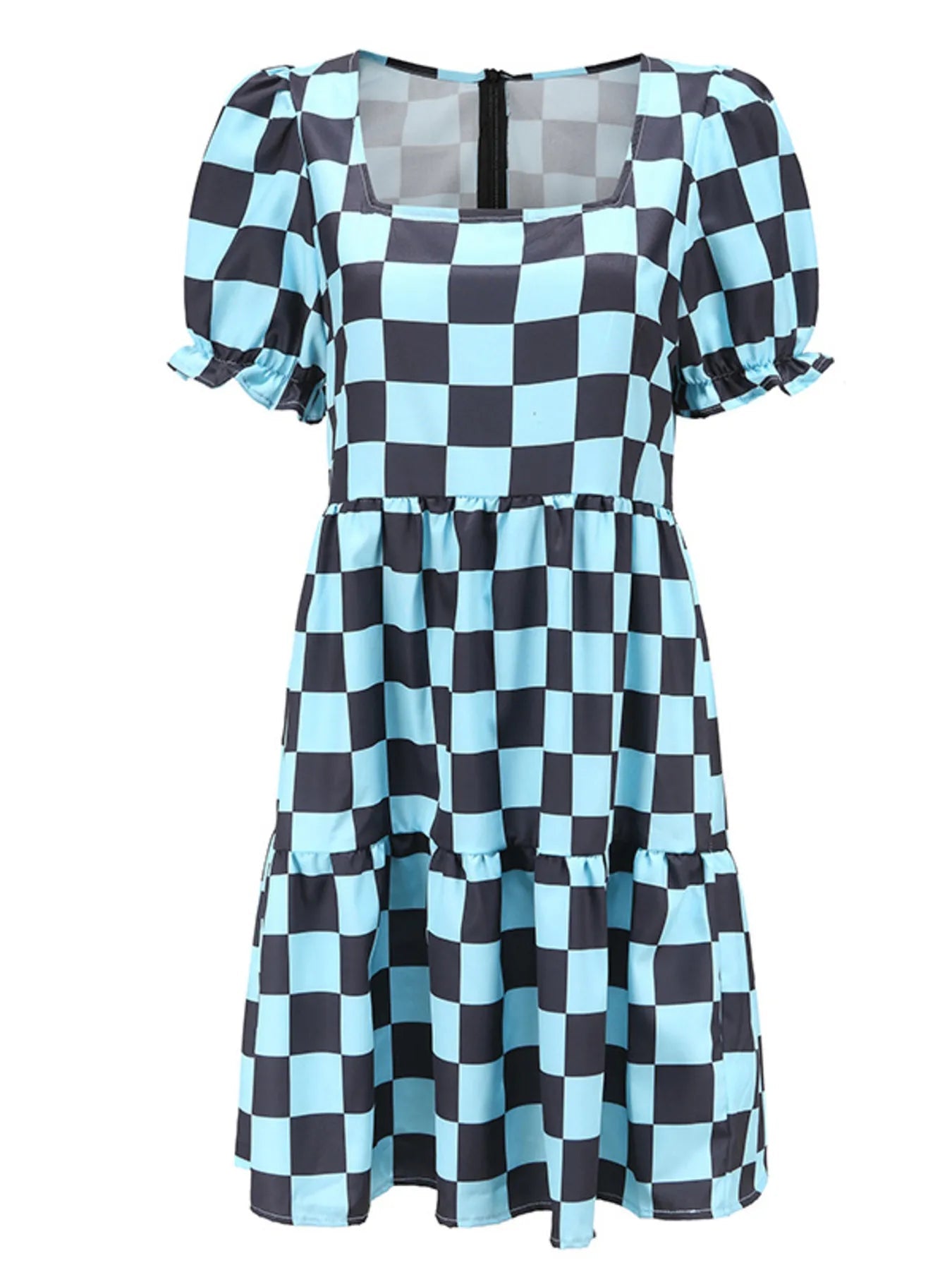 Checkered Short Sleeve Tiered Mini Dress - adritiX