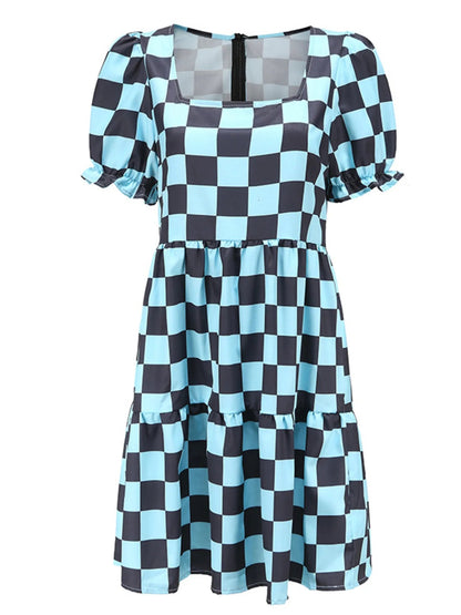 Checkered Short Sleeve Tiered Mini Dress - adritiX