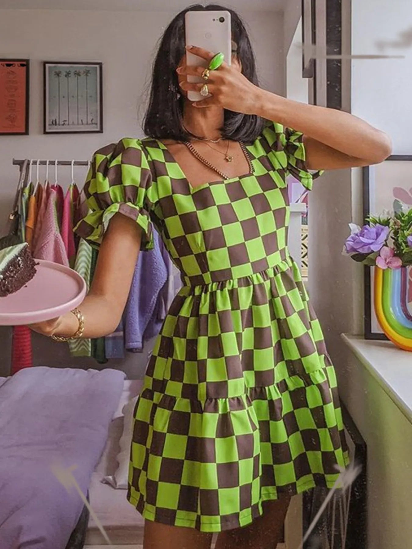 Checkered Short Sleeve Tiered Mini Dress - adritiX