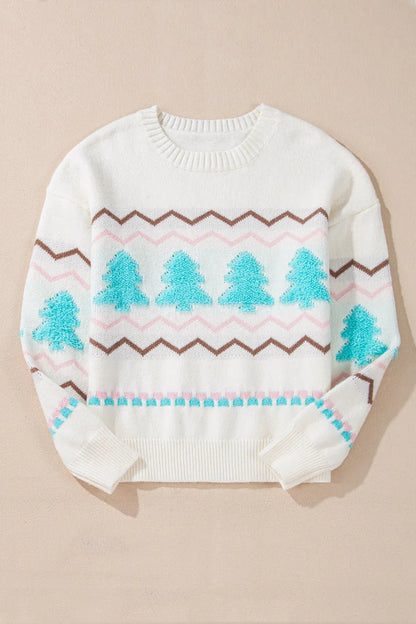 Christmas Tree Ribbed Hem Dropped Shoulder Sweater - adritiX