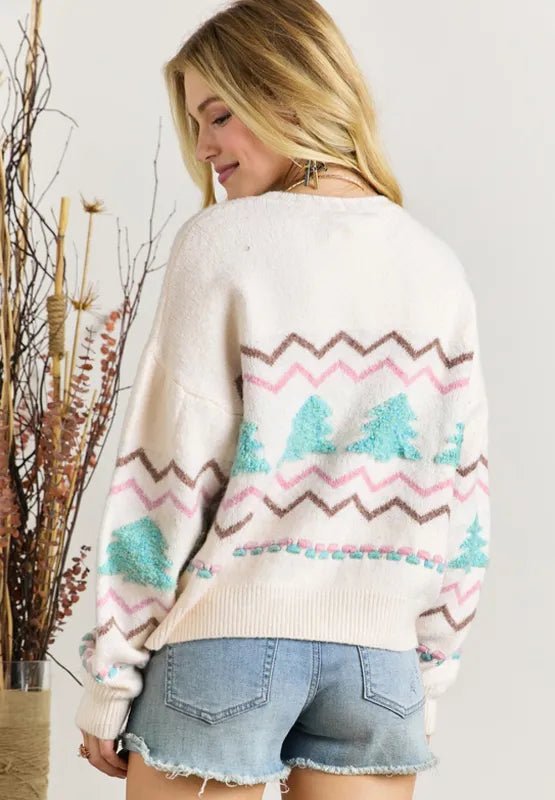 Christmas Tree Ribbed Hem Dropped Shoulder Sweater - adritiX