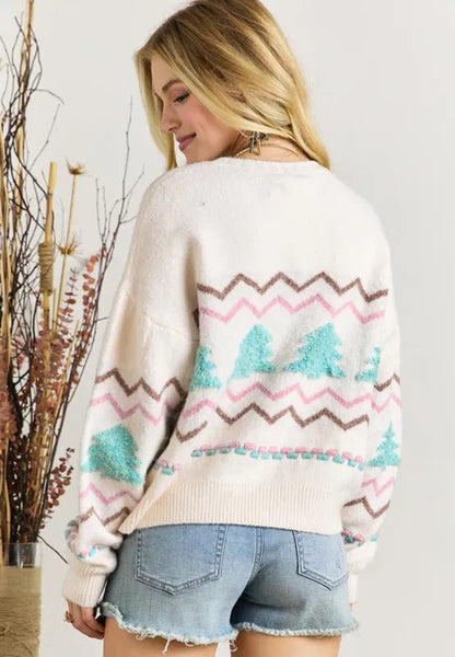 Christmas Tree Ribbed Hem Dropped Shoulder Sweater - adritiX
