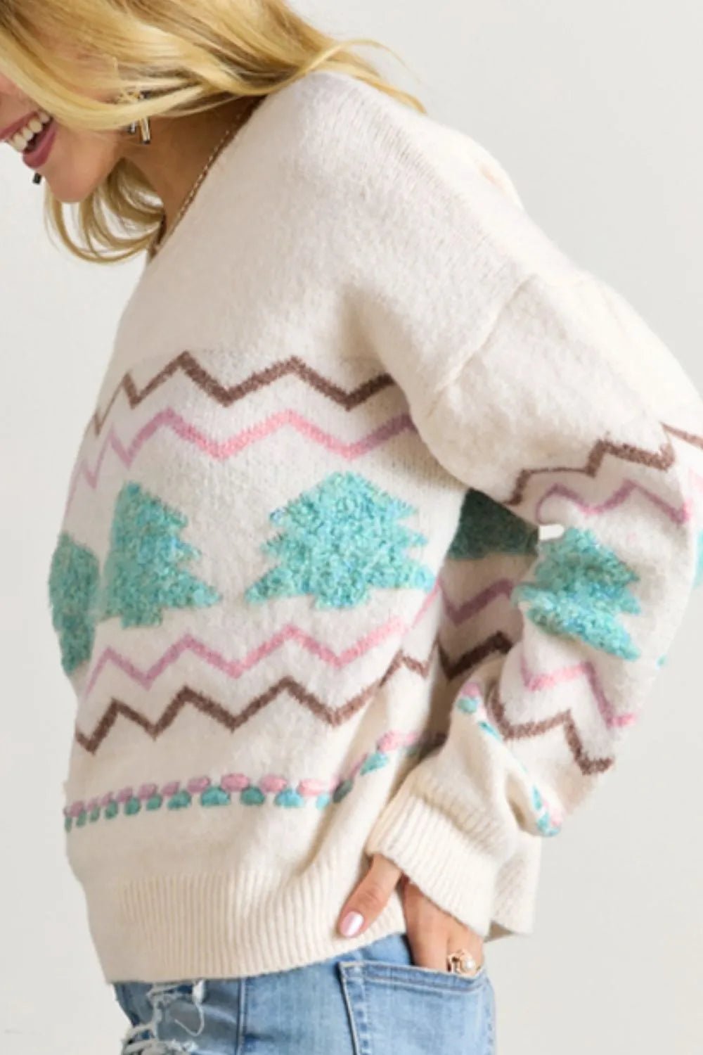 Christmas Tree Ribbed Hem Dropped Shoulder Sweater - adritiX