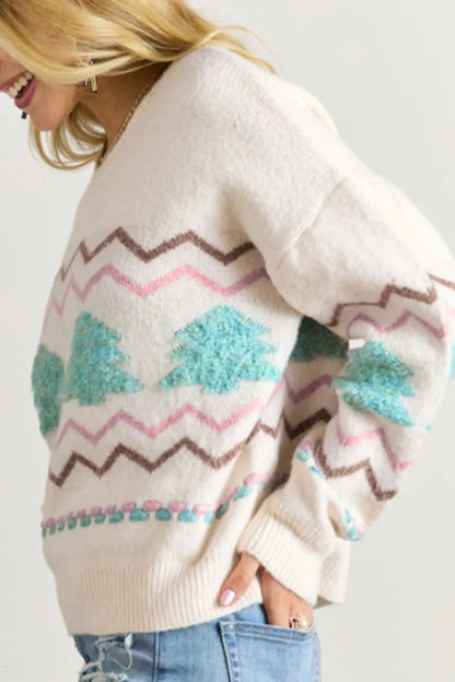 Christmas Tree Ribbed Hem Dropped Shoulder Sweater - adritiX
