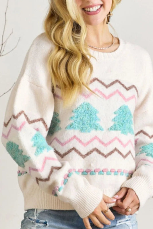 Christmas Tree Ribbed Hem Dropped Shoulder Sweater - adritiX