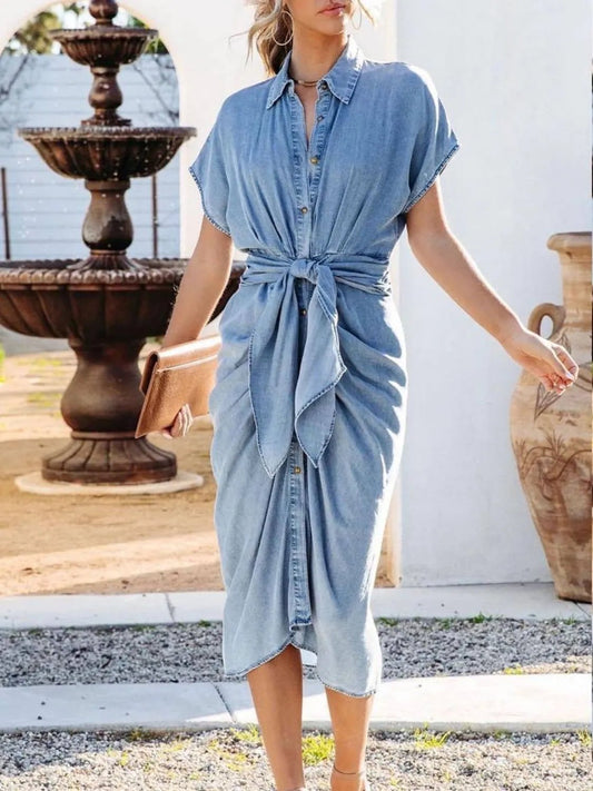 Collared Neck Tie Waist Short Sleeve Denim Dress - adritiX