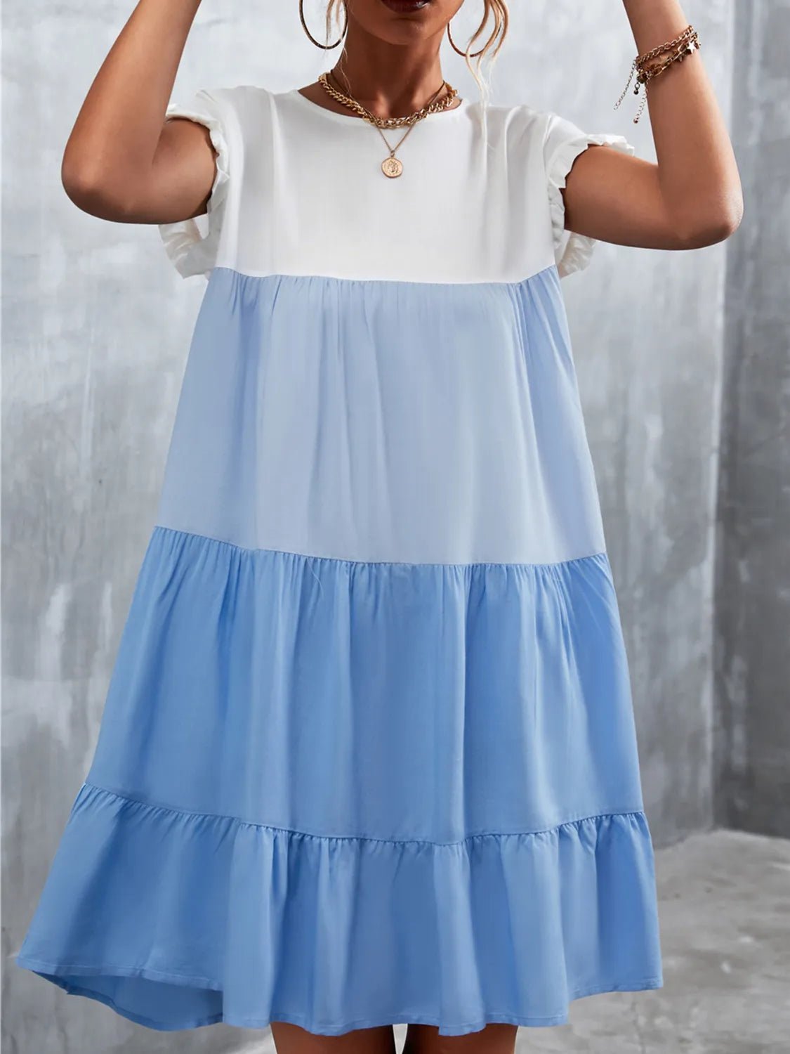 Color Block Round Neck Short Sleeve Dress - adritiX