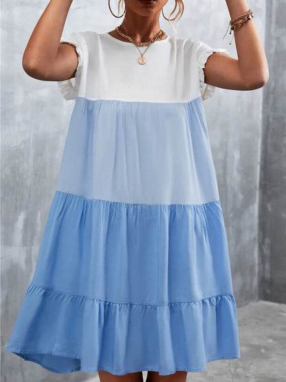 Color Block Round Neck Short Sleeve Dress - adritiX