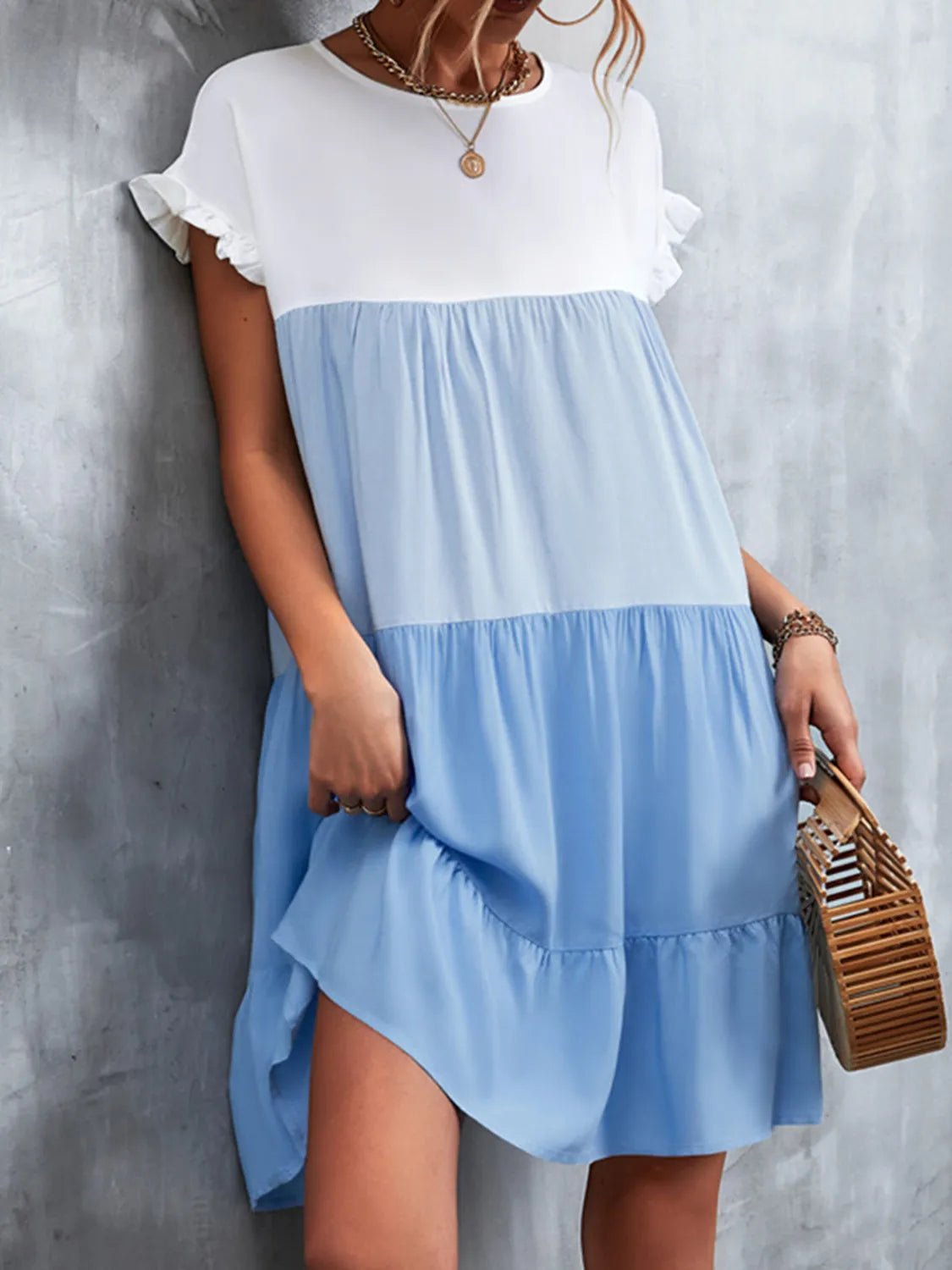 Color Block Round Neck Short Sleeve Dress - adritiX