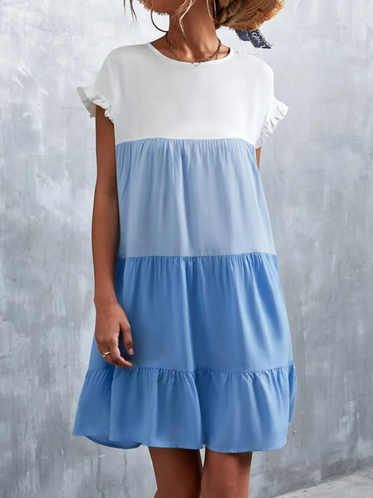Color Block Round Neck Short Sleeve Dress - adritiX
