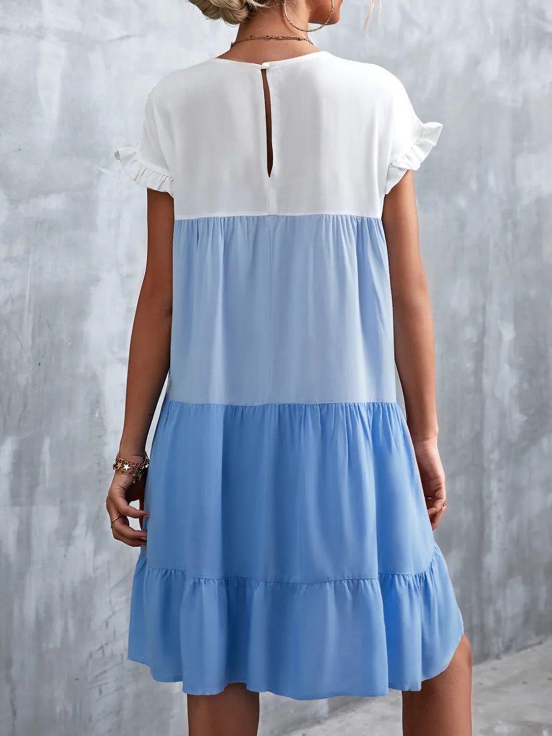 Color Block Round Neck Short Sleeve Dress - adritiX