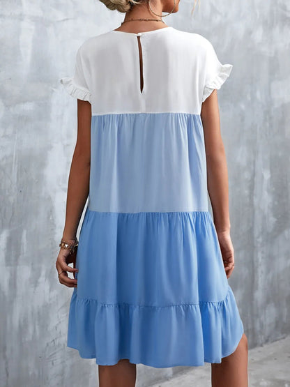 Color Block Round Neck Short Sleeve Dress - adritiX